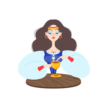 Fortune teller female character. Cartoon illustration of a beautiful girl telling the future using coffee grounds isolated on a white background. Vector 10 EPS.