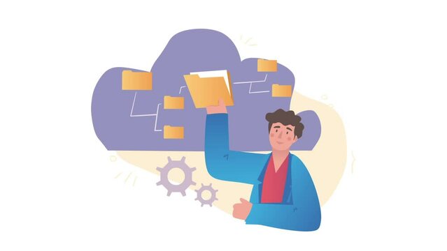 Cloud data storage video concept. Young moving man holds folder with files and documents, uploads it to online service and shares information. Modern technologies. Flat graphic animated cartoon