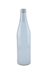 A white bottle with a soda drink on ice isolated.