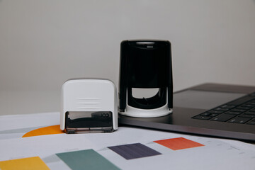 Stamp of the organization on the desktop, business concept