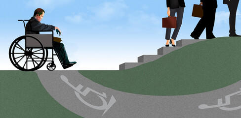 A man in a wheelchair is forced to take a different path than others in his group in this 3-d illustration.