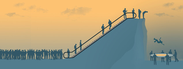 Men line up to take an escalator to the top but there is not much room at the top. This is a 3-d illustration.