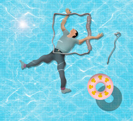 The cost of maintaing a swimming pool has a man trapped with those expenses every year. That is the theme of this 3-d illustration of a man trapped in a pool.