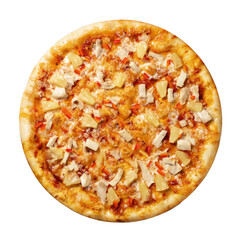 Hawaiian pizza with pineapple isolated on a white background top view.