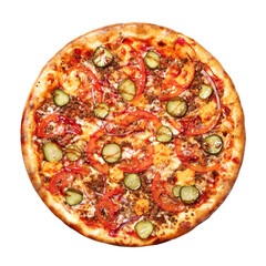 Pizza Bolognese isolated on a white background top view.