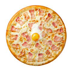 Carbonara pizza with bacon and egg isolated on a white background top view.
