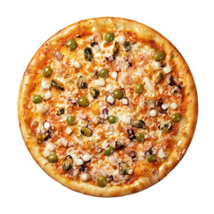 Seafood pizza isolated on a white background top view.