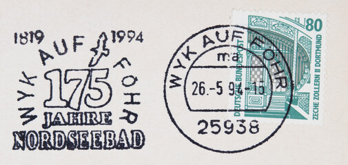 briefmarke stamp wyk auf föhr nordseebad slogan werbung gestempelt used frankiert cancel papier paper Zeche Zollern II Dortmund 80 grün green