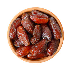Dried dates in a ceramic bowl isolated on white background. Top view, flat lay.