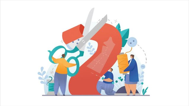 Fashion designer video concept. Moving men and women tailors with scissors cut off material and make patterns for sewing clothes. Dressmaker creates stylish outfits. Flat graphic animated cartoon
