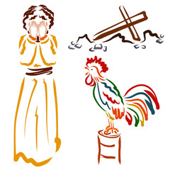 Repentant Apostle Peter, crowing rooster and cross lying behind
