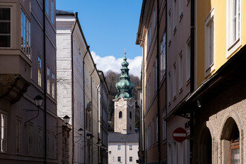 View to church tower in Salzburg