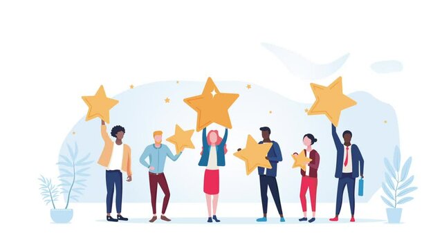 Customer review video concept. Moving users and clients hold stars in their hands and give positive feedback to product or service. Quality and Satisfaction rating. Flat graphic animated cartoon