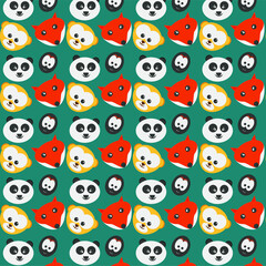Animal seamless pattern that includes panda, fox, monkey and penguin. Animal cartoon head on a dark blue background.