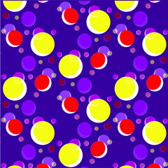 Colorful circle seamless pattern Levitating balls in different order and colors. The colors purple and yellow predominate. Flying world, space, molecules