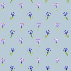 Floral seamless pattern of crocuses drawn by markers on a Eggshell Blue background. For fabric, sketchbook, wallpaper, wrapping paper.