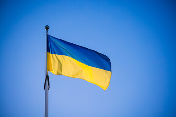 Ukrainian flag waving on blue background