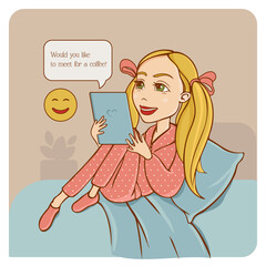 Cartoon funny girl chatting with a friend lying on the bed and looking at the chat on the tablet. Cute vector illustration.