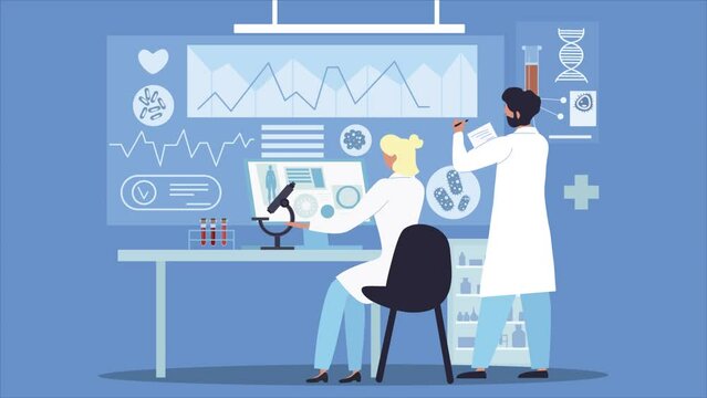 Scientists and laboratory video concept. Moving medical scientists analyze cardiogram, study statistics and develop vaccine for treatment. Biotechnology or genetic. Flat graphic animated cartoon