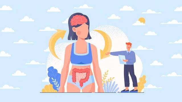 Digestive system regulation concept. Connection of brain with intestine or influence of mental health. Humoral or Organ interaction. Moving banner with pop up elements. Flat graphic animated cartoon