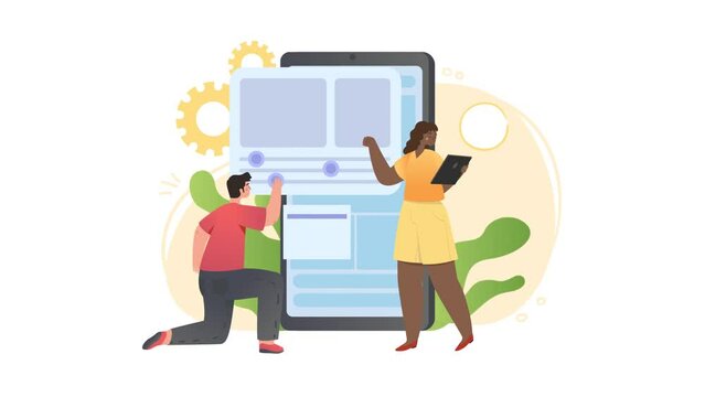 Mobile app development process video concept. Moving man and woman stand next to smartphone and configure various elements of software or interface. Experience design. Flat graphic animated cartoon