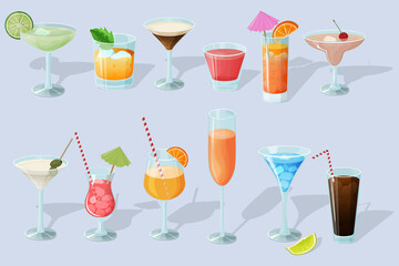 Cocktail set on a light blue background.Alcoholic beverages in glasses and glasses.Daiquiri, martini, margarita, cosmopolitan, Long Island, blue lagoon and Pina colada.Vector illustration.