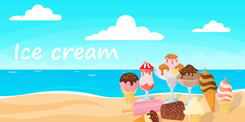 Ice cream.Sweet summer dessert.Vector illustration.A set of ice cream with different flavors, textures and fillers.
