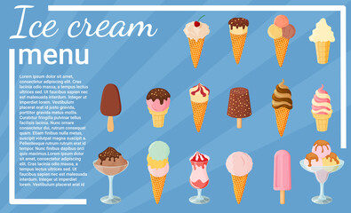 Ice cream menu on a blue background.Sweet summer dessert.Vector illustration.A set of ice cream with different flavors, textures and fillers.