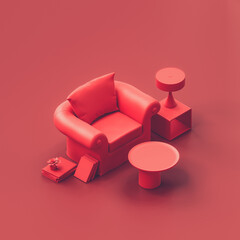 Isometric single armchair in a red room. Monochrome single red color armchair in livingroom with plant, floor lamp and side table. 3d Rendering