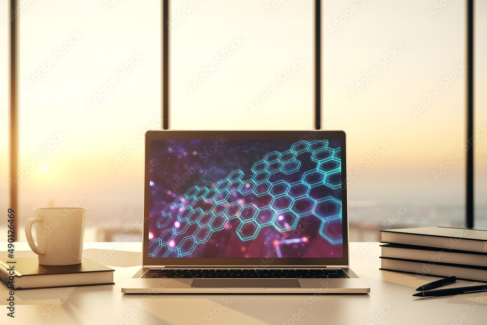 Poster modern computer monitor with technology hologram with hexagon. research and development software con