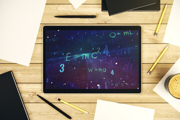 Creative scientific formula hologram on modern digital tablet screen, research concept. Top view. 3D Rendering