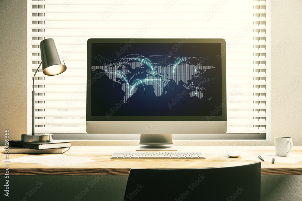 Poster modern computer monitor with abstract digital world map with connections, research and strategy conc