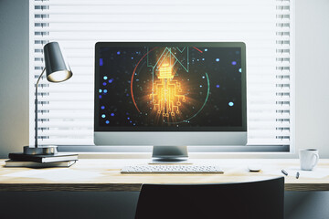 Creative light bulb with chip hologram on modern laptop monitor, artificial Intelligence and neural networks concept. 3D Rendering