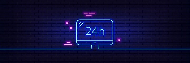 Fototapeta na wymiar Neon light glow effect. 24 hour service line icon. Call support sign. Feedback chat symbol. 3d line neon glow icon. Brick wall banner. 24h service outline. Vector