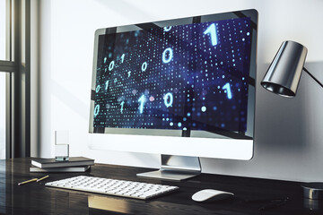 Modern computer monitor with creative abstract binary code hologram. Database and programming concept. 3D Rendering
