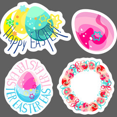 A set of stickers. Easter drawing. Easter eggs. For the feast of the Christian and Catholic Resurrection. Church traditions. Bright colors