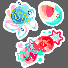 A set of stickers. Easter drawing. Easter eggs. For the feast of the Christian and Catholic Resurrection. Church traditions. Bright colors