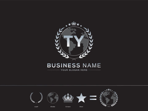 TY Letter Design, Elegant Initial Letter ty with Modern circle Leaf Globe Royal Crown and Star Logo Image