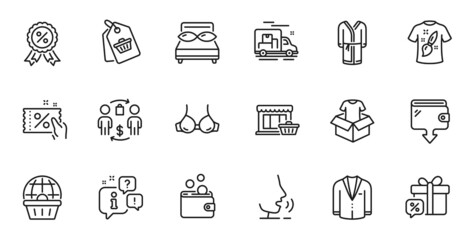 Outline set of Suit, Wallet and Discount medal line icons for web application. Talk, information, delivery truck outline icon. Include Clothing, Online shopping, Bathrobe icons. Vector