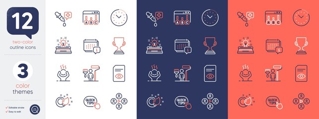 Set of Chemistry pipette, Painter and Survey results line icons. Include Typewriter, Award cup, Video conference icons. Difficult stress, Paint brush, Calendar web elements. Quick tips. Vector