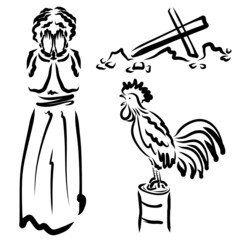 Repentant apostle Peter, crowing rooster and cross lying behind, black outline