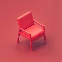 Obraz premium Single chair. Single red chair in red room. Monochrome red. Flat style composition. 3d rendering, isometric view,