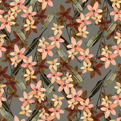 Seamless watercolor pattern with orange lily flowers on a dark background, hand painted.