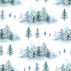 Seamless pattern with watercolor illustrations of forest trees christmas trees on white background, hand painted close up.  