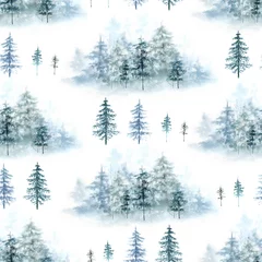 Fotobehang Blauw wit Naadloze patroon met aquarel illustraties van bos bomen kerstbomen op witte achtergrond, hand geschilderd close-up.