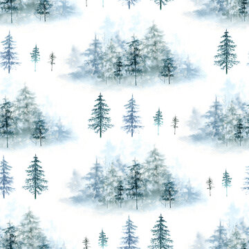 Seamless pattern with watercolor illustrations of forest trees christmas trees on white background, hand painted close up. © Lana