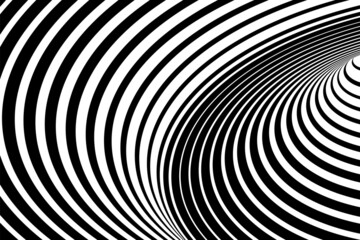 Background illusion optical. Abstract 3d pattern. Black and white line wave. Spiral geometric stripe. Hypnotic op waves. Hypnosis texture. Art swirl stripes bg. Wavy design prints. Vector illustration