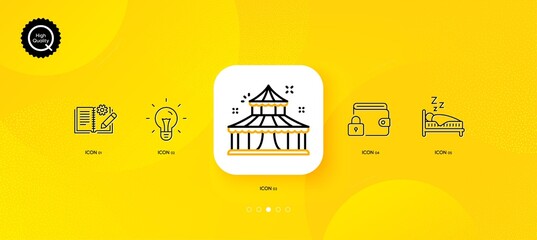 Fototapeta na wymiar Idea, Lock and Engineering documentation minimal line icons. Yellow abstract background. Sleep, Circus icons. For web, application, printing. Light bulb, Blocked wallet, Manual. Human in bed. Vector
