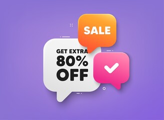 Get Extra 80 percent off Sale. 3d bubble chat banner. Discount offer coupon. Discount offer price sign. Special offer symbol. Save 80 percentages. Extra discount adhesive tag. Promo banner. Vector