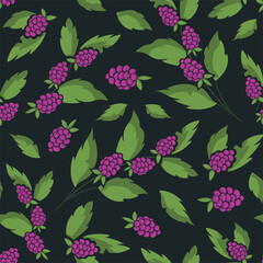 Vector seamless fruity pattern with raspberries on foliate twigs on black background; perfect for wrapping paper, posters, banners, invitations and other design. - 490128652